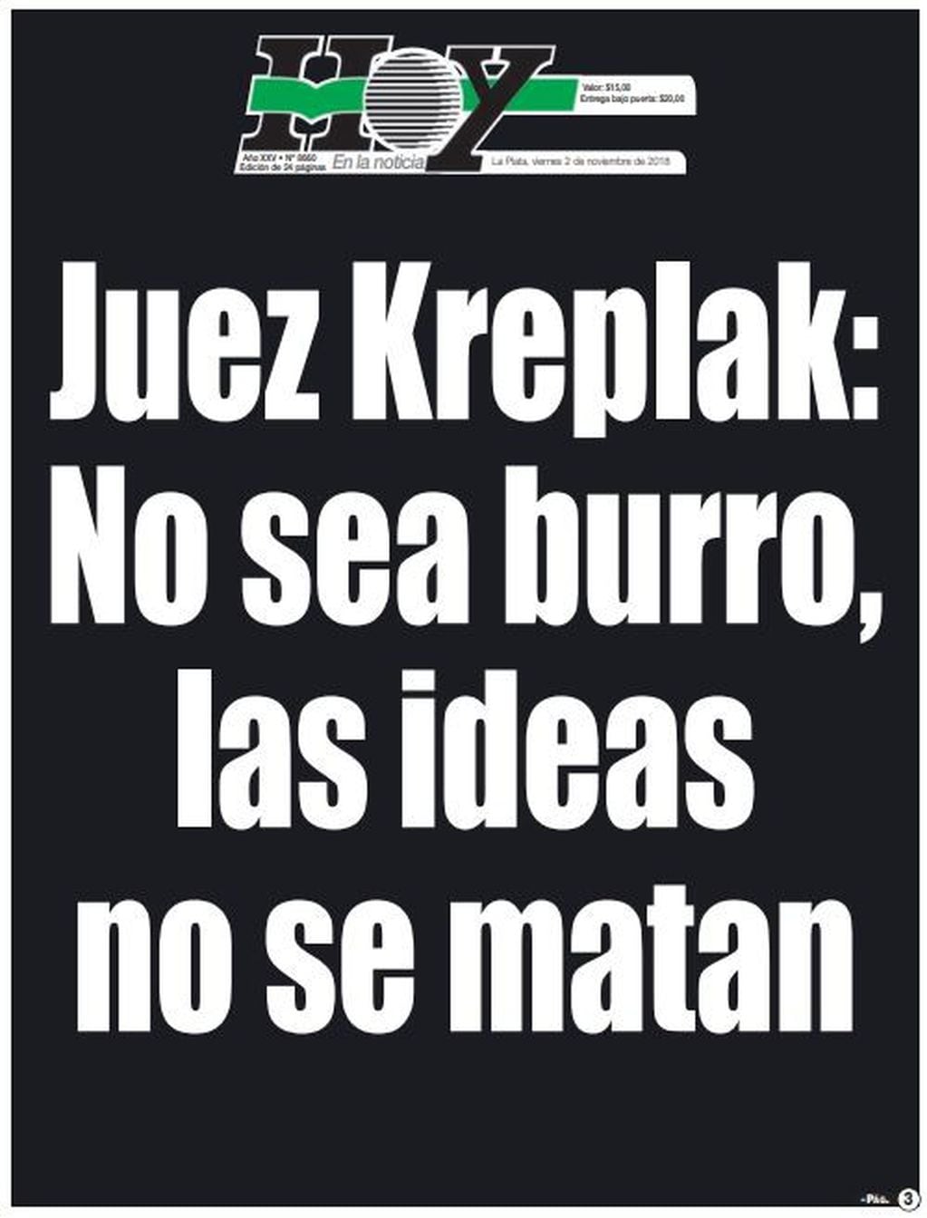 Esta fue la portada del periódico de La Plata el 02-11-2018.