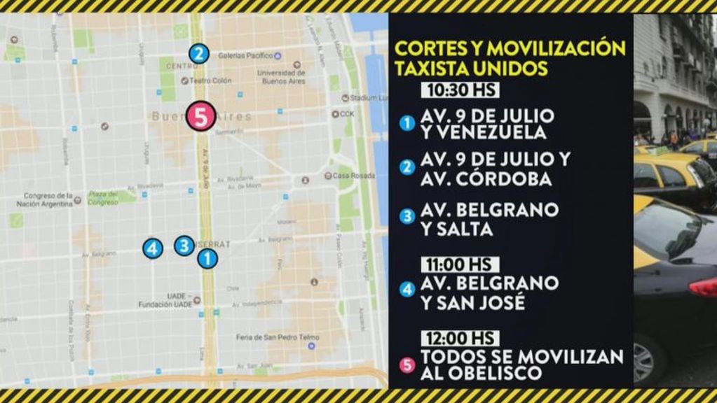 Mapa de cortes de los taxistas. (Fuente: TN)