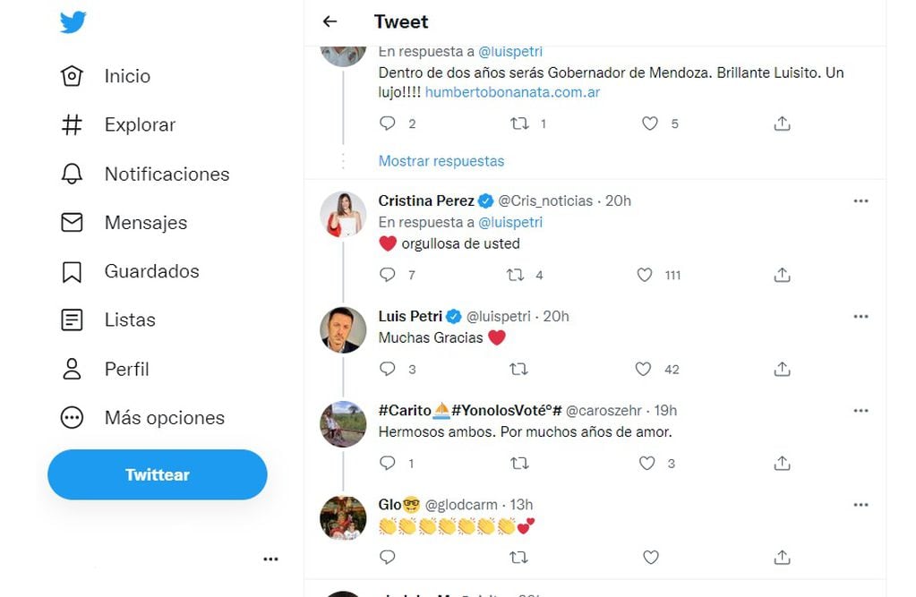 Cristina Pérez y Luis Petri en Twitter.