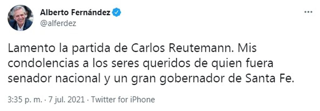 Alberto Fernández despidió a Carlos Reutemann en Twitter
