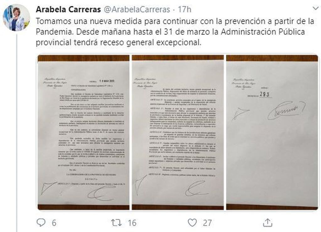 Arabela Carreras lo confirmó a través de Twitter (web).