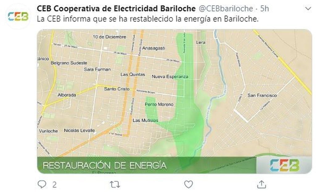 CEB Bariloche confirmó que se restableció el servicio (web).