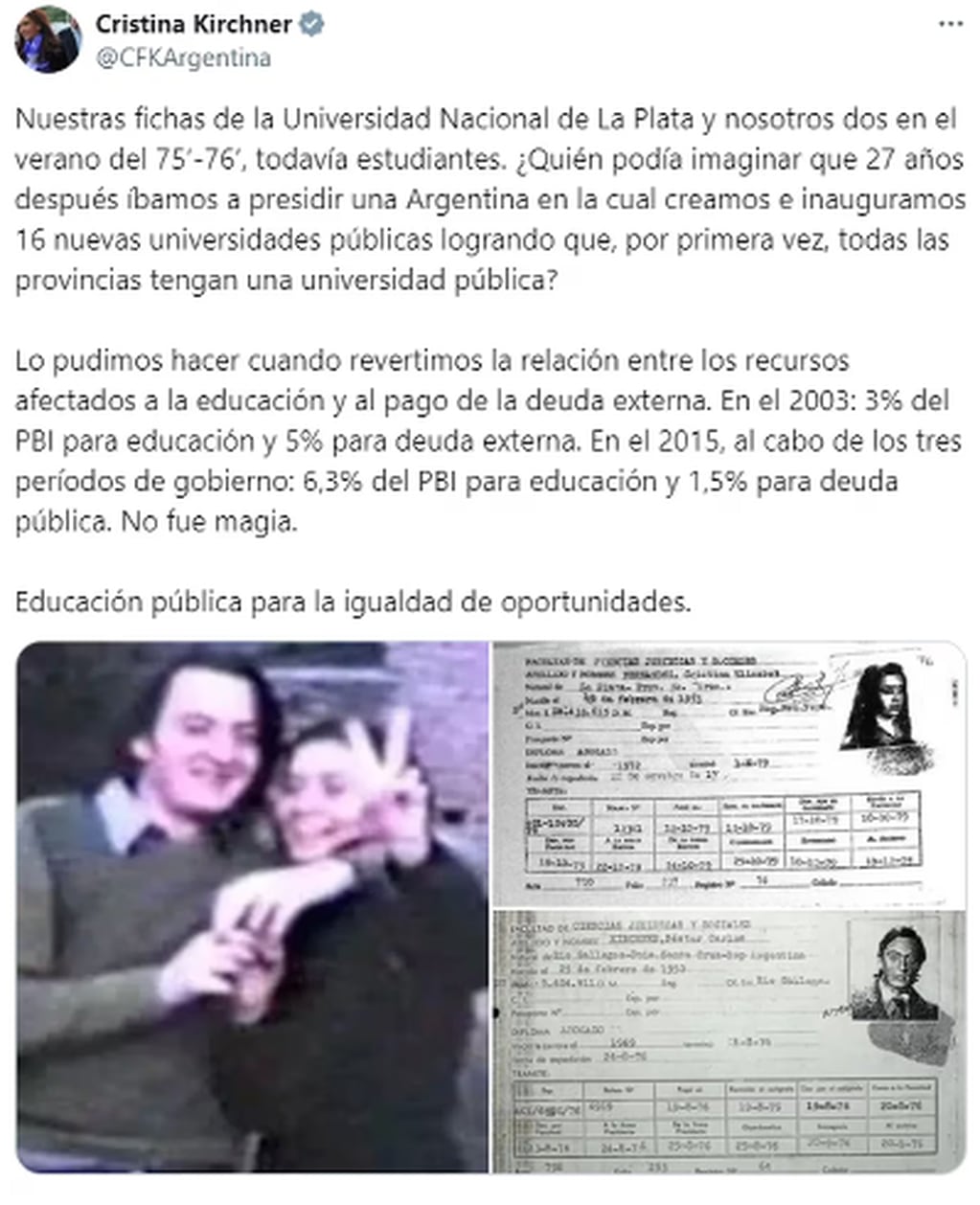 El posteo de Cristina Kirchner defendiendo la educación pública.