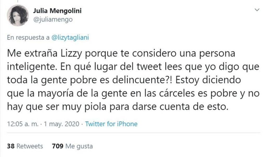 La respuesta de Julia Mengolini a Lizy Tagliani.