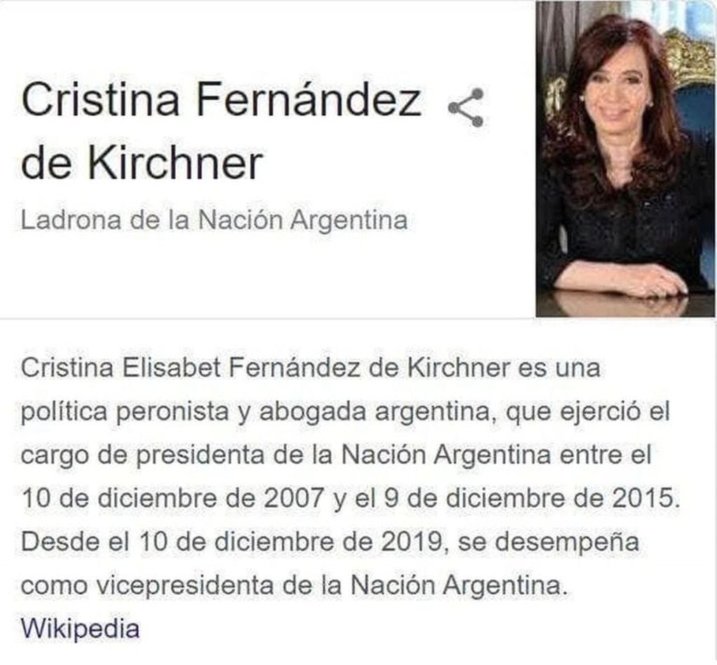 "Ladrona de la nación argentina", así figura en Google (Web)