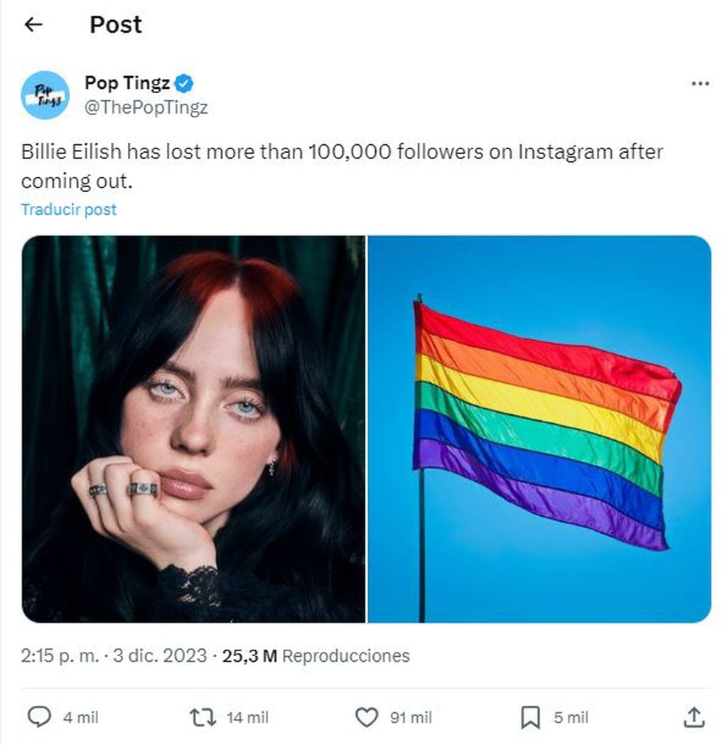 Billie Eilish se sinceró sobre su sexualidad y perdió más de 100.000 seguidores en Instagram