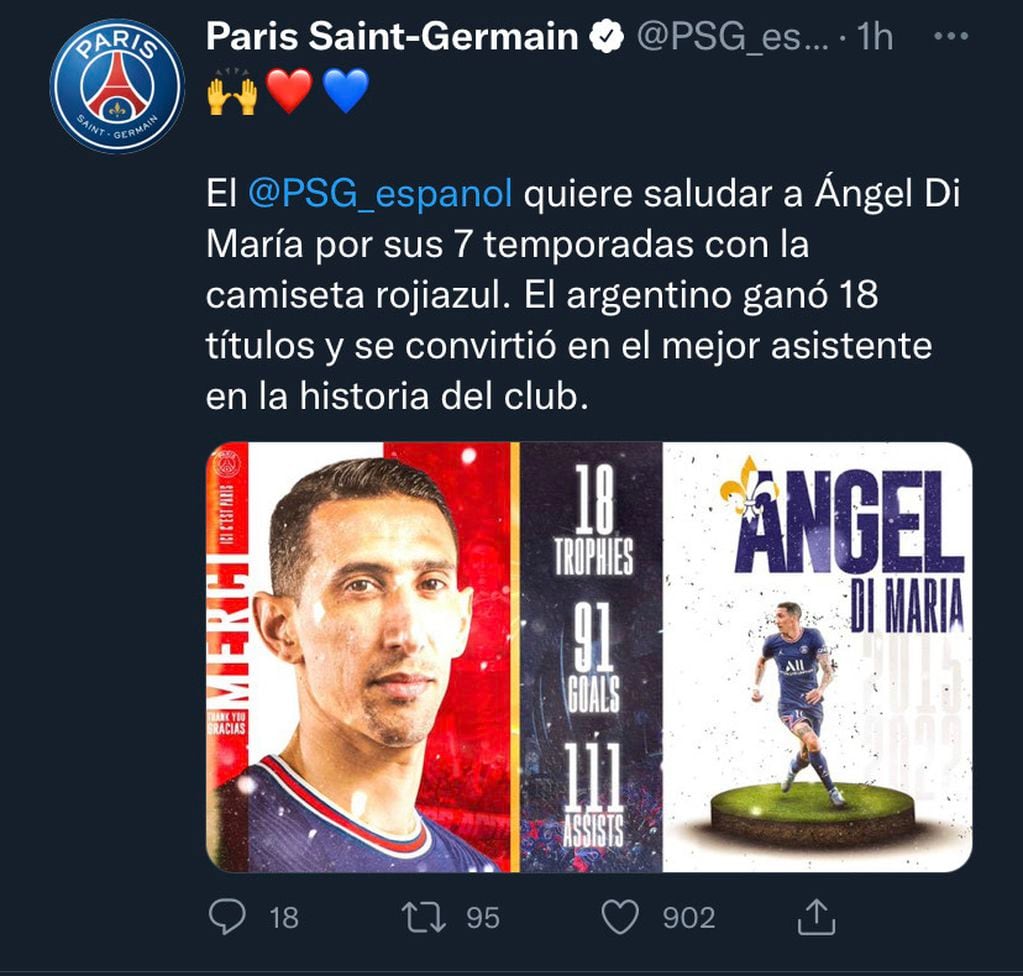 El tweet con el que el PSG despidió a Ángel Di María.