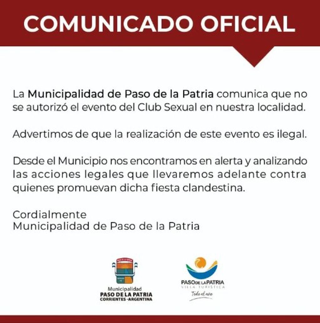 El comunicado oficial de la Municipalidad de Paso de la Patria con respecto a la organización de la fiesta sexual.