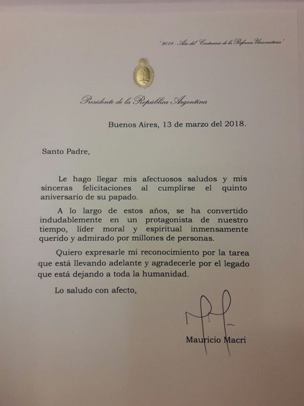 La carta de Macri al Papa.