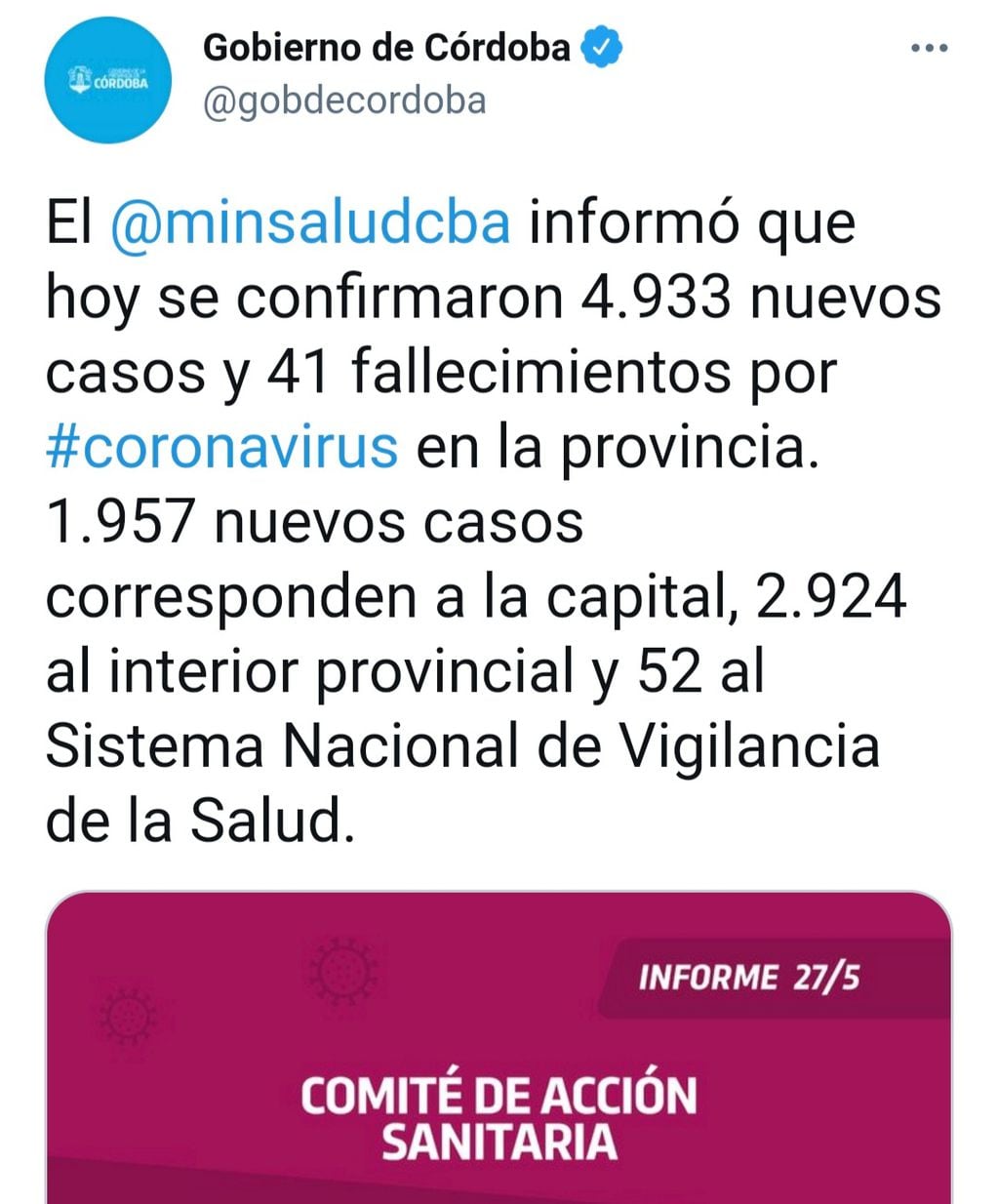 Informe "Covid-19", provincia de Córdoba. Jueves 27 de mayo.