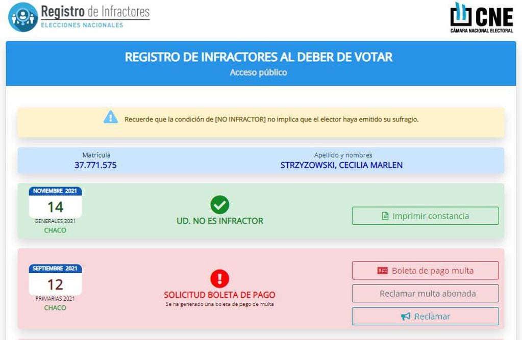 Registro de Infractores elecciones nacionales de Cecilia Strzyzowski.