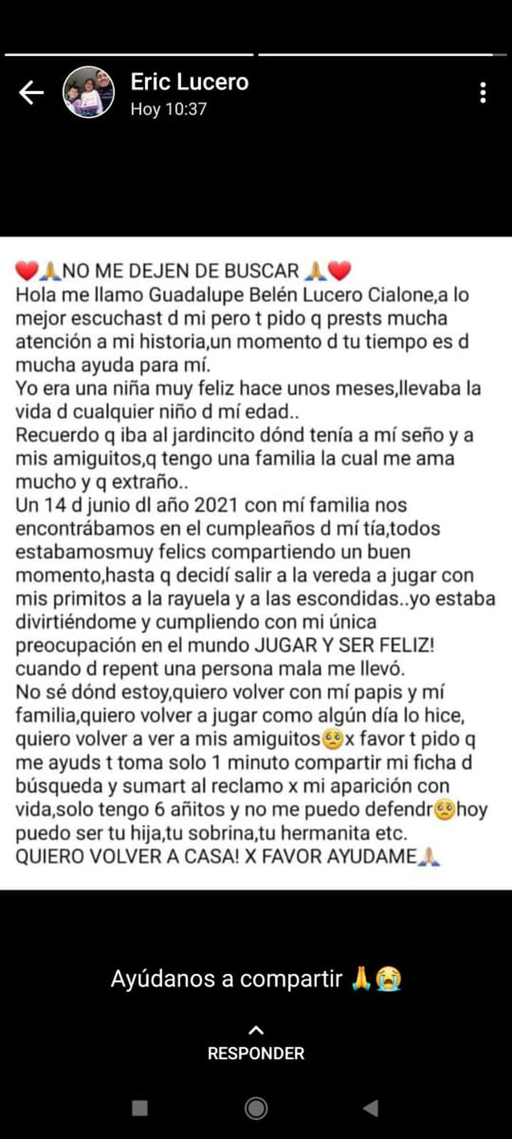 Posteo de Eric Lucero por los 10 meses de la desaparición de su hija, Guadalupe.