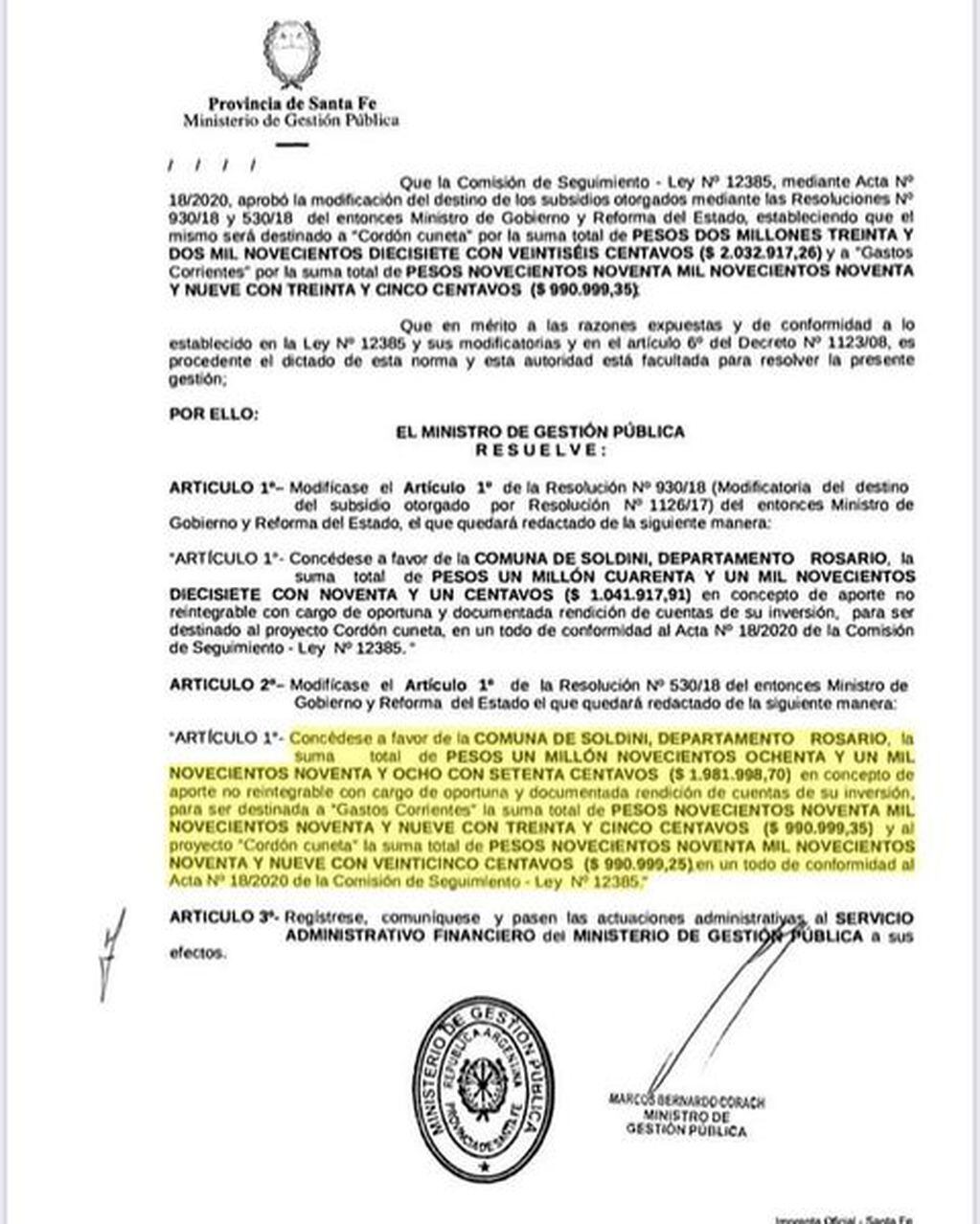 Reasignación de fondos para la ejecución de una obra de cordón cuneta en Soldini (Alejandro Luciani)
