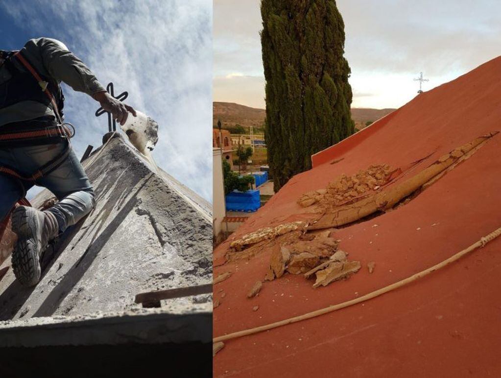 Los operarios trabajan en los techos y cubiertas del añejo edificio, que presentan daños de diferentes magnitudes.