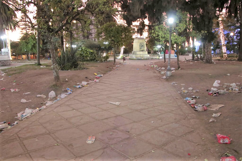 Las plantas, el césped y los árboles de la plaza Belgrano sufrieron el paso de la multitud, que además dejó cientos de kilos de basura desparramada en el paseo público.