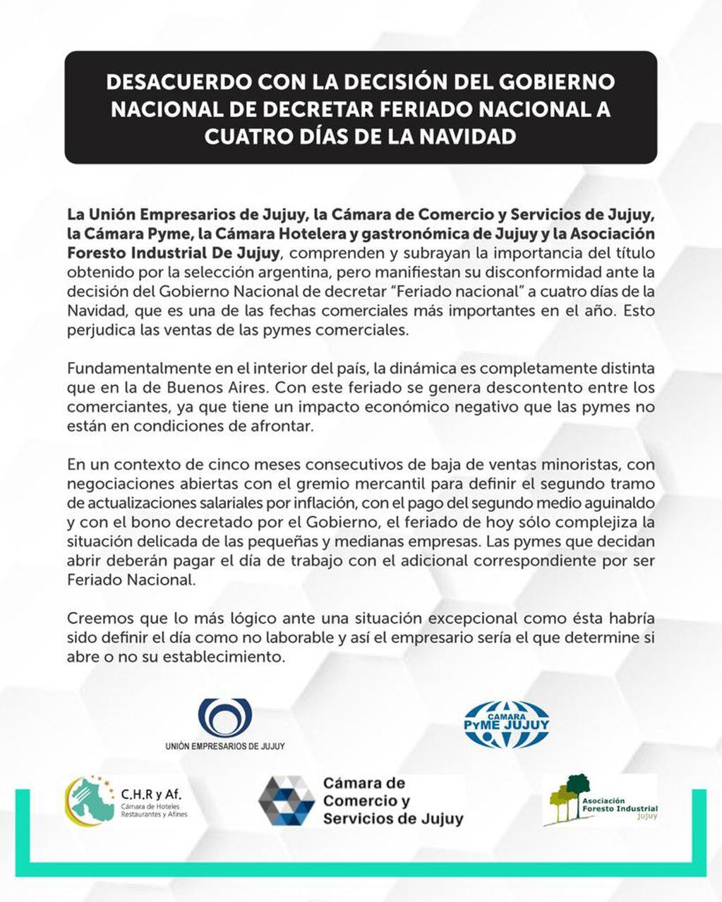 El documento emitido en Jujuy por entidades empresariales, en rechazo al feriado nacional de este martes.