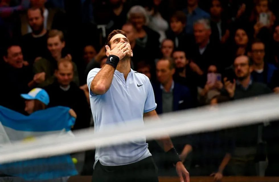 Argentina's Juan Martin Del Potro celebrates after winning against Bulgaria's Grigor Dimitrov their final match  at the ATP Stockholm Open tennis tournament on October 22, 2017 in Stockholm. / AFP PHOTO / Jonathan NACKSTRAND