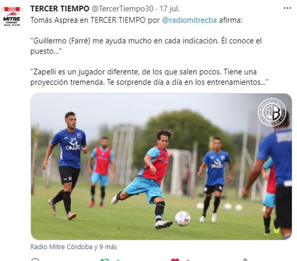 Tomás Asprea cambiaría de función si ingresa Bruno Zapelli, y elogió al juvenil de Belgrano.