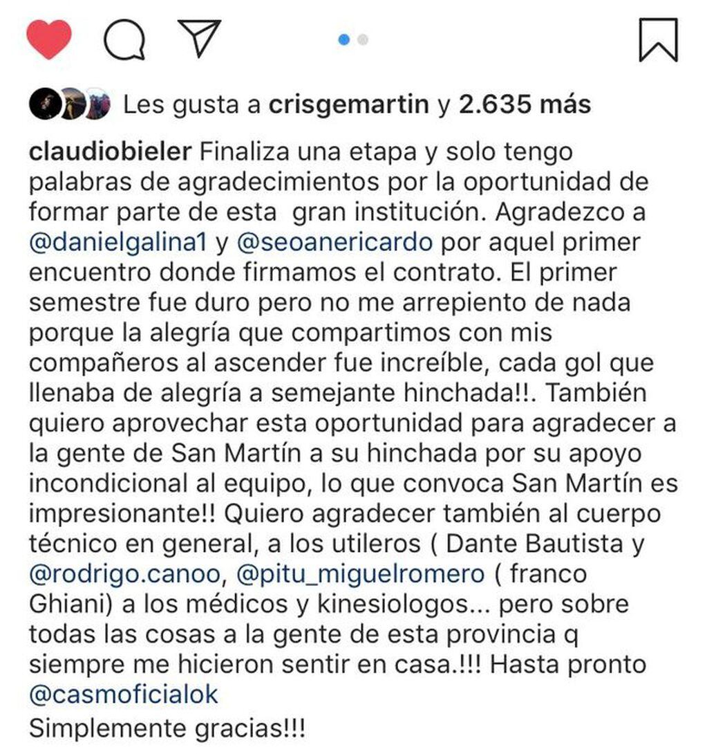 Mensaje de Claudio Bieler en su cuenta personal de Instagram.