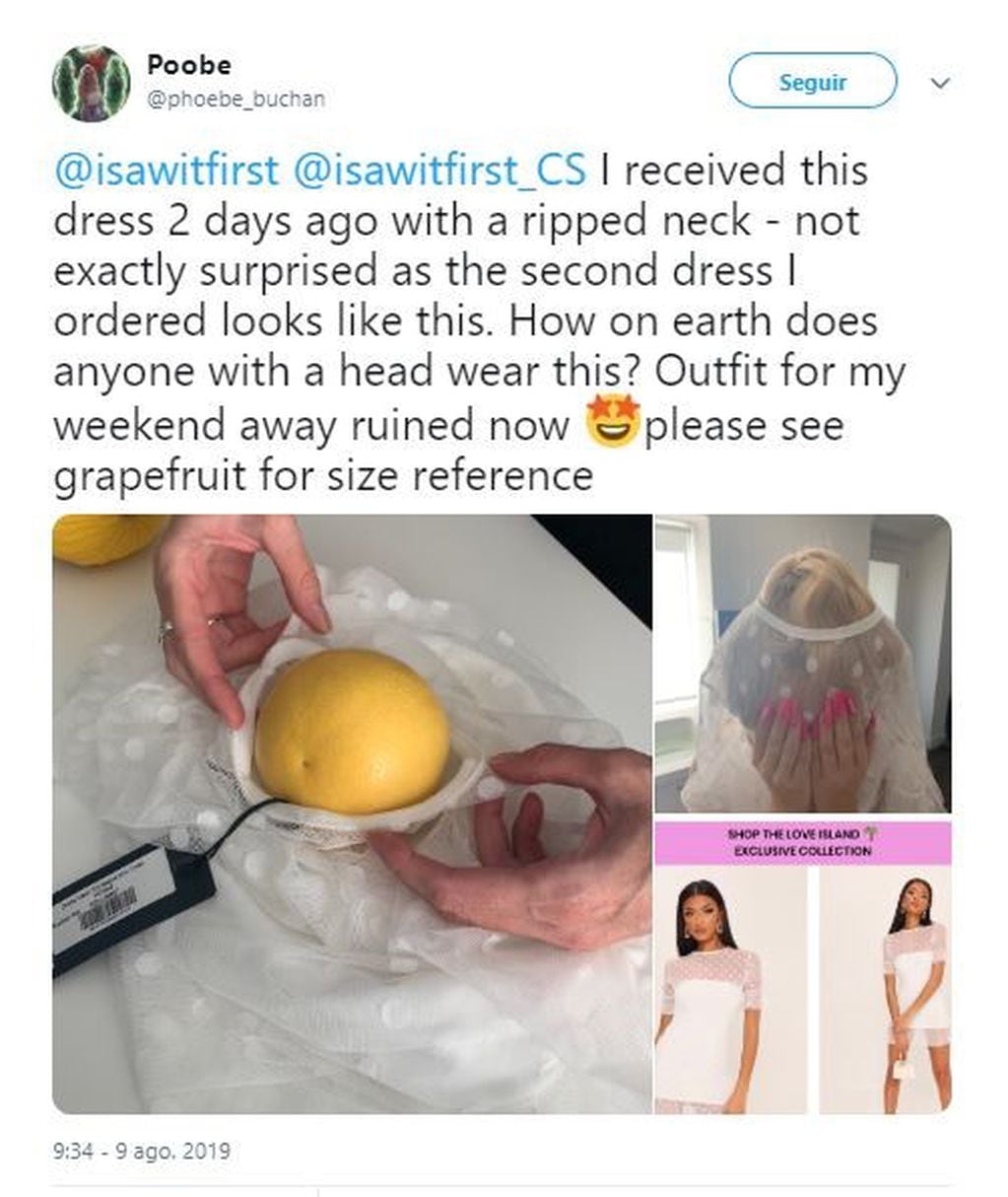 Compró un vestido por internet y denunció que está hecho para "cabezas de pomelo" (Foto: Twitter)