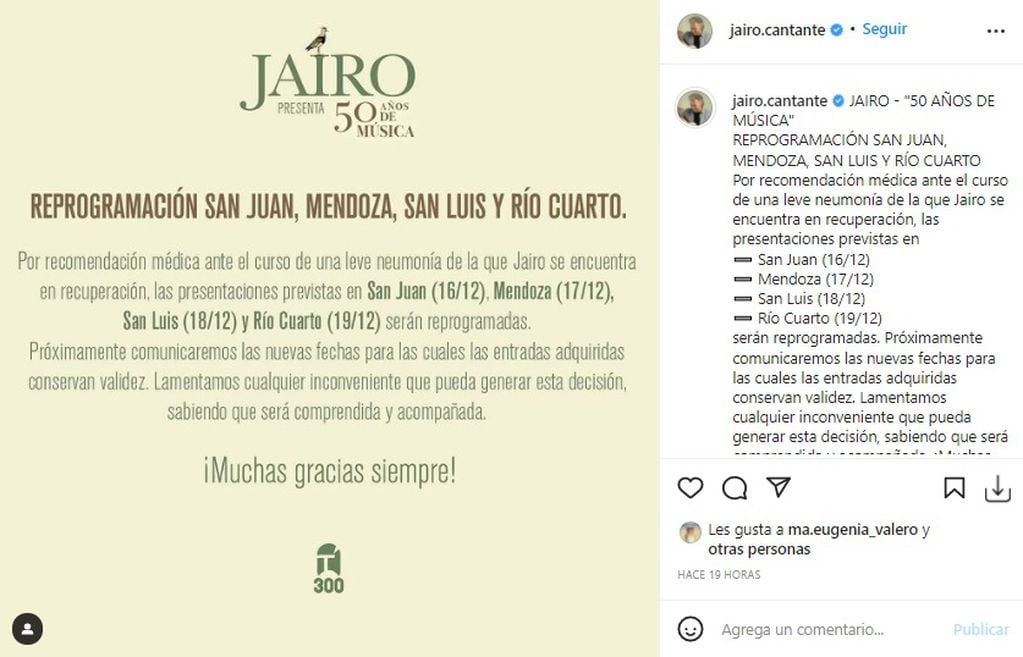 Jairo debió suspender su gira por el país por su cuadro de neumonía
