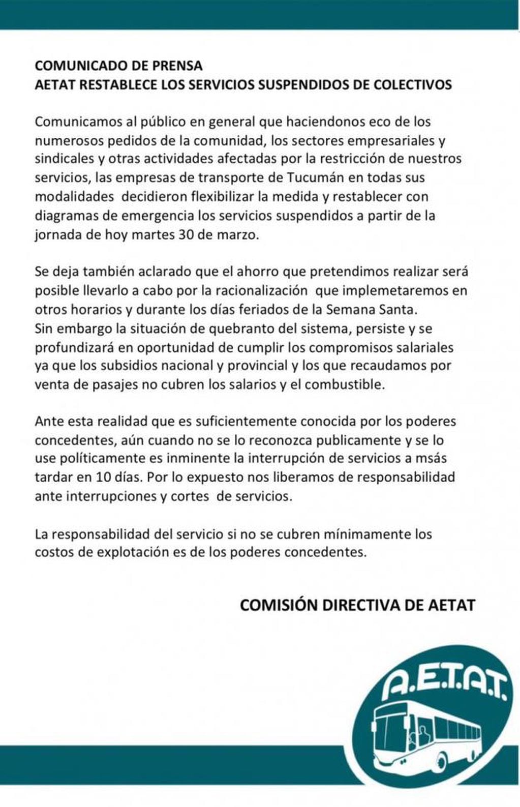 Comunicado oficial de AETAT.