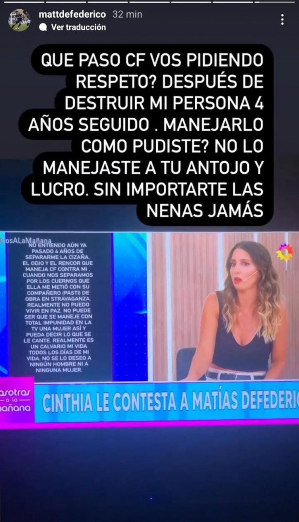 La respuesta de Matías Defederico al descargo de Cinthia Fernández.
