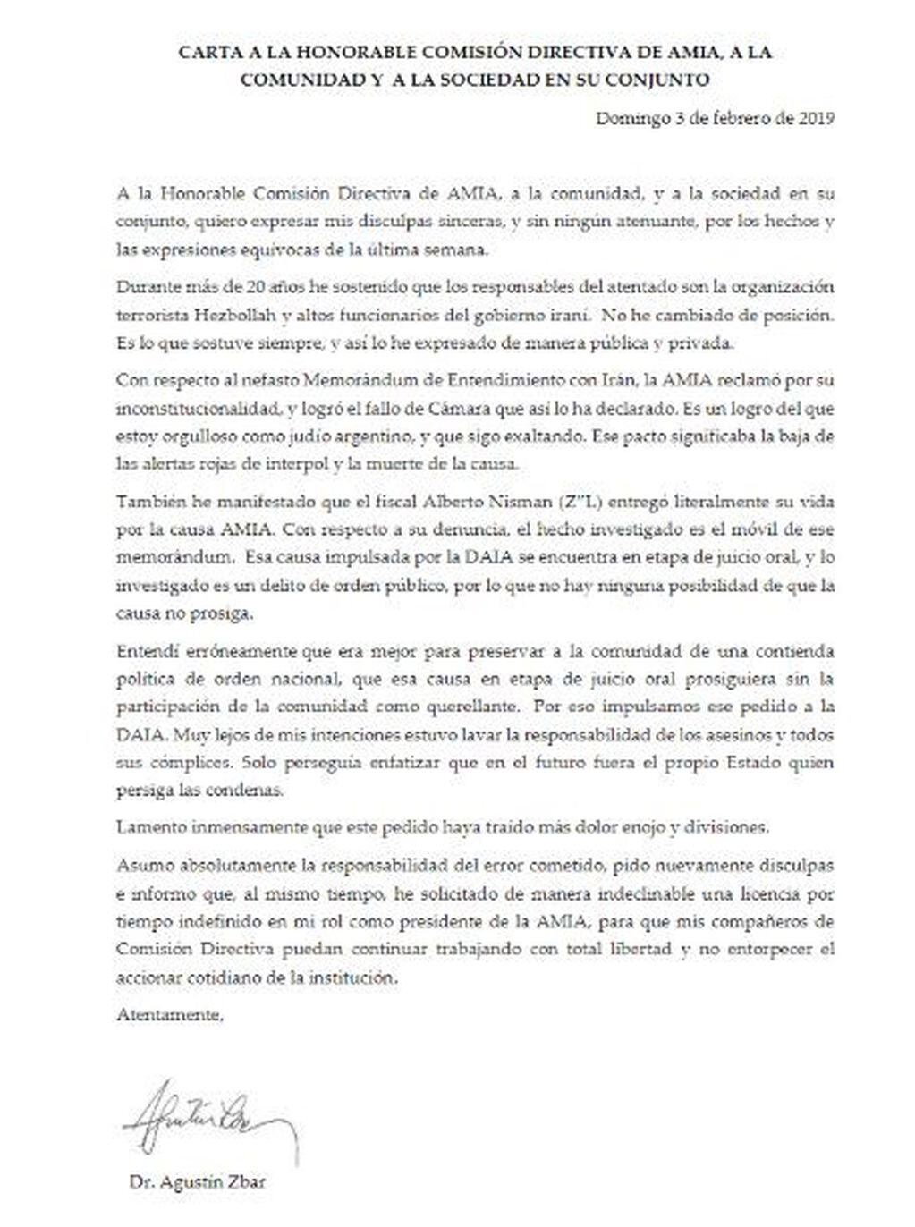 La carta del Dr. Agustín Zbar, presidente de la AMIA.