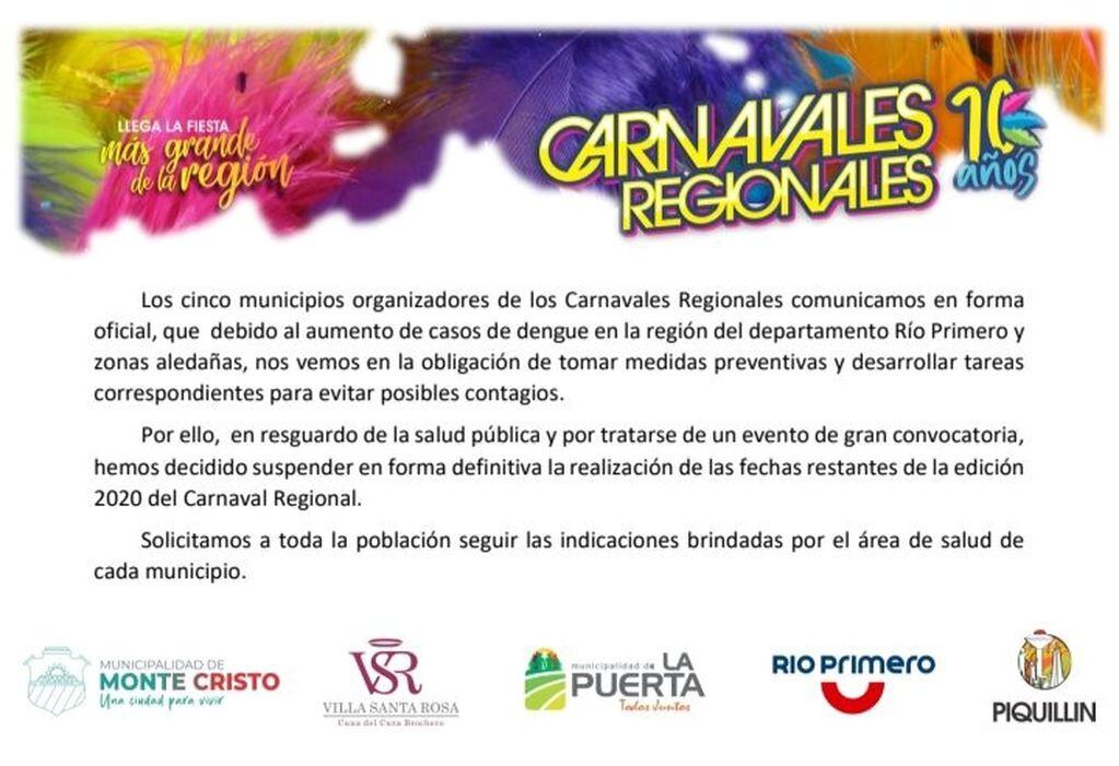 Carnavales Regionales - Suspensión