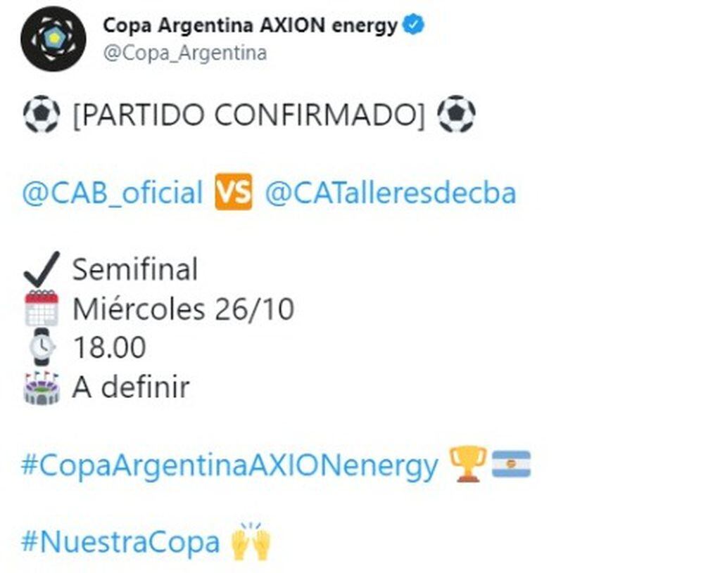 La confirmación por parte de Copa Argentina.