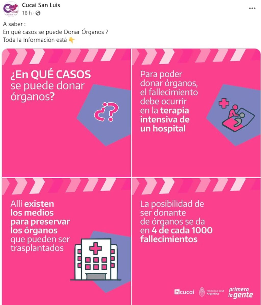 Cucai San Luis informó en las redes sociales la información relacionada a la donación de órganos humanos.