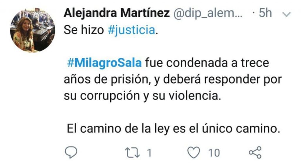 Declaraciones de la diputada nacional Alejandra Martinez en Twitter