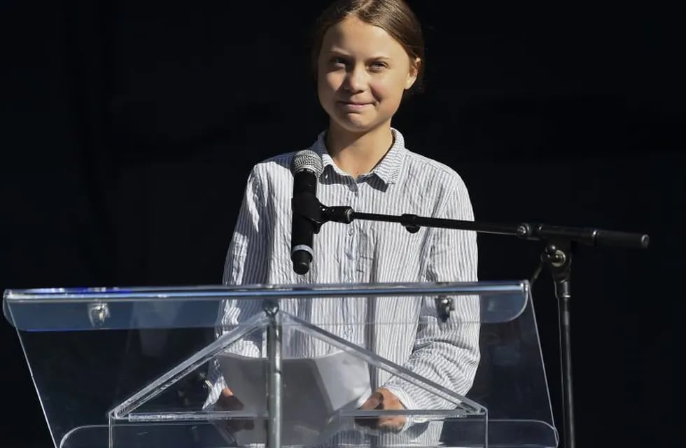 MONTREAL, QC - SEPTEMBER 27: Swedish climate activist Greta Thunberg takes to the podium to address young activists and their supporters during the rally for action on climate change on September 27, 2019 in Montreal, Canada. Hundreds of thousands of people are expected to take part in what could be the city's largest climate march.   Minas Panagiotakis/Getty Images/AFP\n== FOR NEWSPAPERS, INTERNET, TELCOS & TELEVISION USE ONLY ==