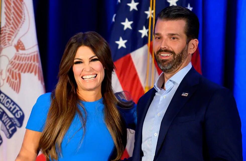 (FILES) In this file photo taken on February 3, 2020 Donald Trump Jr. (R) and his girlfriend Kimberly Guilfoyle smile during a \