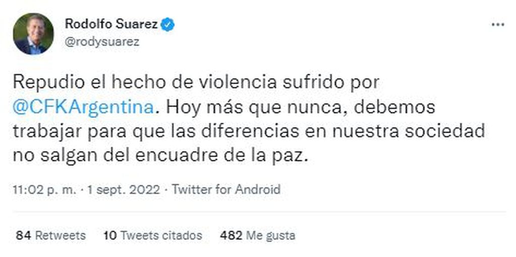 Tuit de Suárez. Repudio al hecho de violencia sufrido por @CFKArgentina.