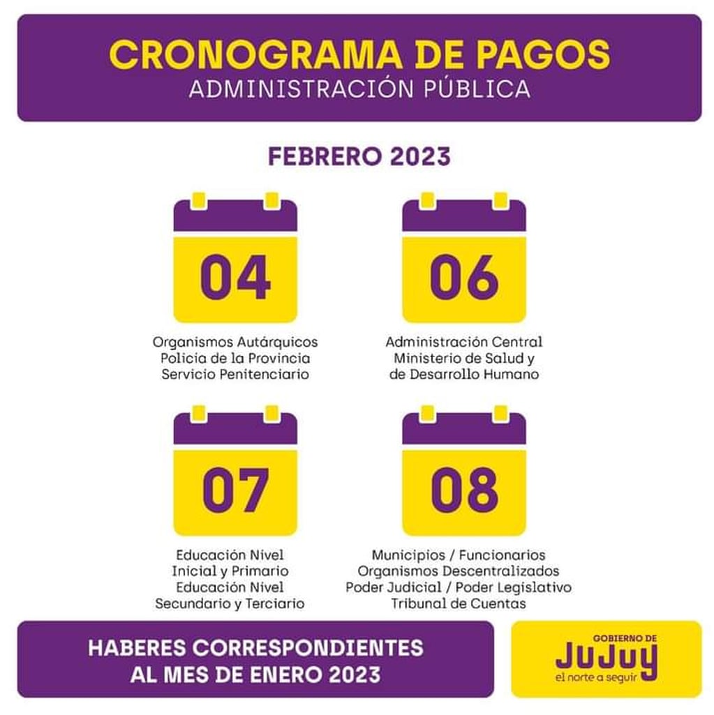 Placa que muestra el cronograma de pagos anunciado en Jujuy para los empleados públicos.