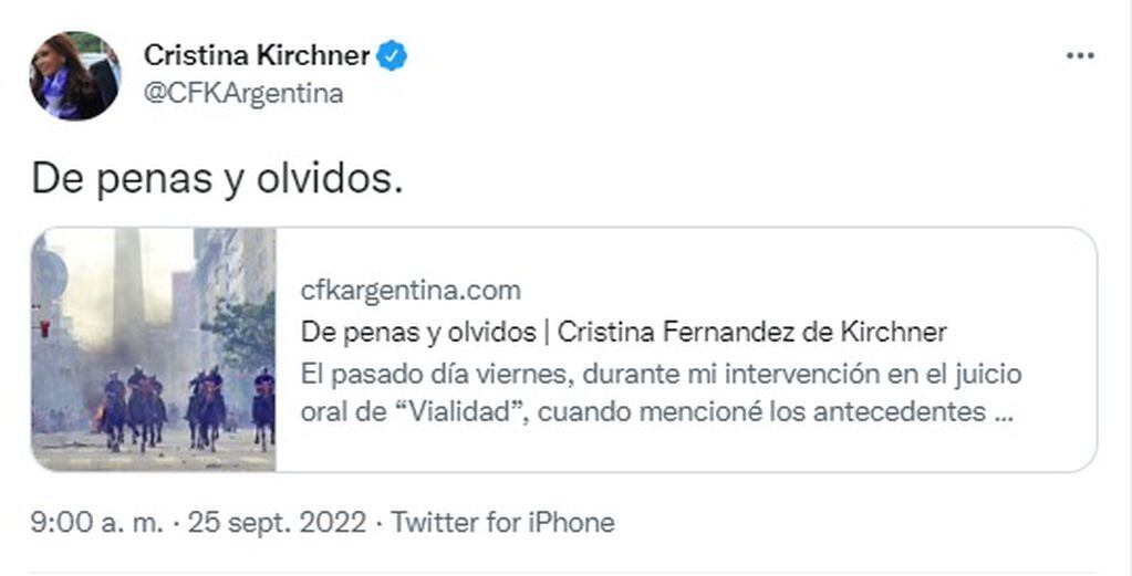 Cristina Kirchner publicó su carta mediante las redes.