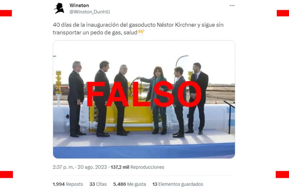 Es falso que el gasoducto Néstor Kirchner no esté transportando gas.