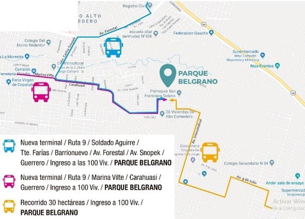 Diagrama de los recorridos gratuitos, provisto por la Municipalidad.