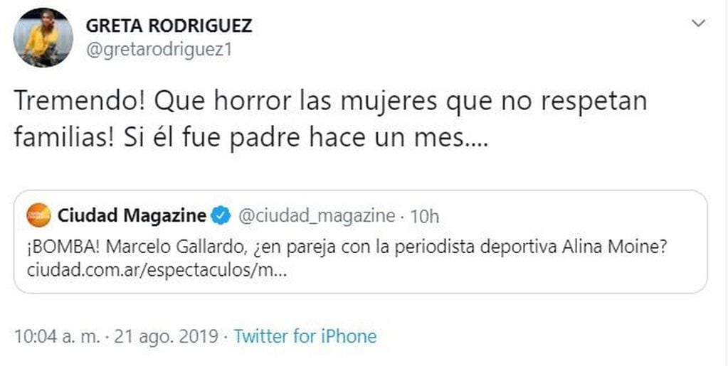 La publicación de Greta Rodríguez contra Alina Moine (Foto: captura Twitter)