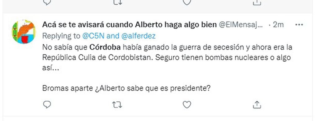 La República de Cordobistán oculta algo, según este usuario de Twitter.