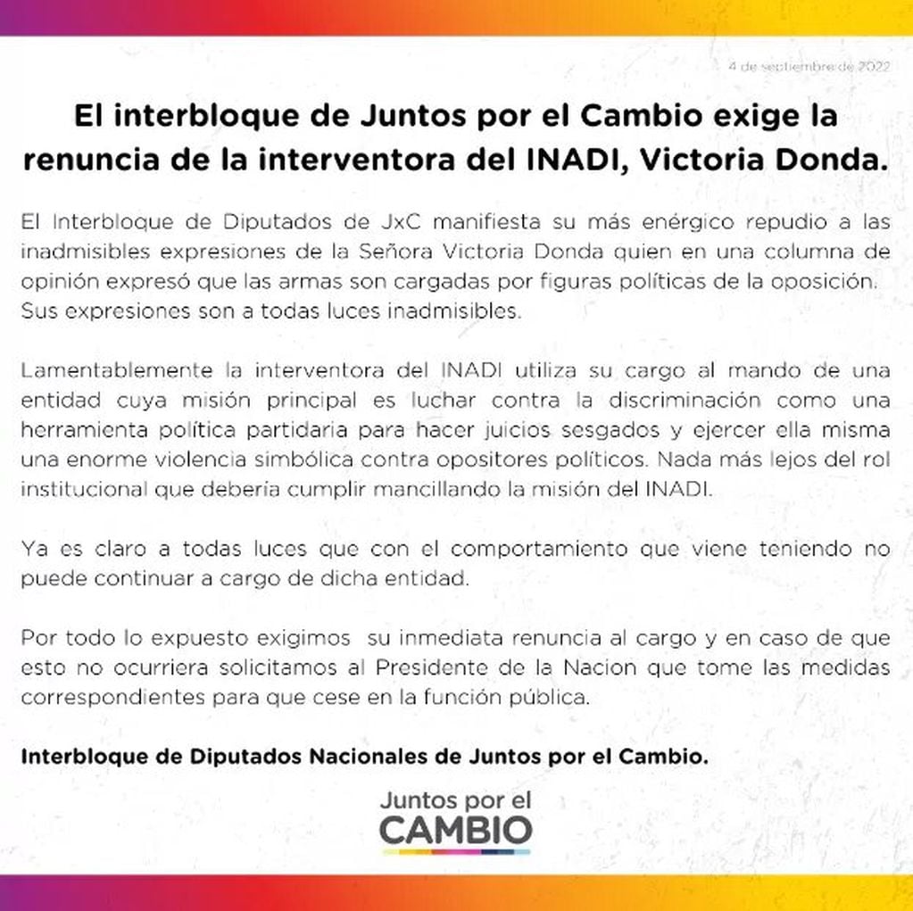 Juntos por el Cambio exigió la renuncia de Victoria Donda, titular del INADI.