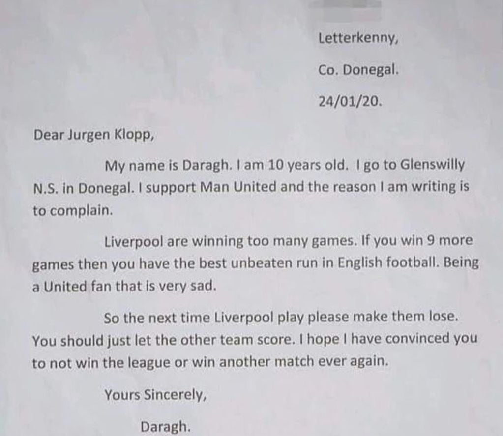 La carta de un nene de 10 años a Jürgen Klopp.
