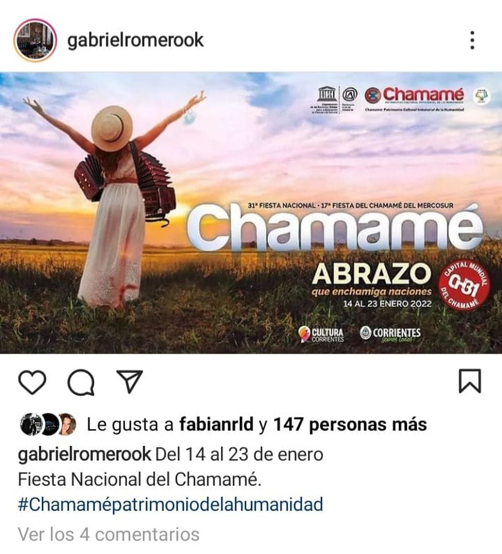 El presidente del Instituto de Cultura de Corrientes, Gabriel Romero, dio a conocer la fecha de la Fiesta Nacional de Chamamé 2022.
