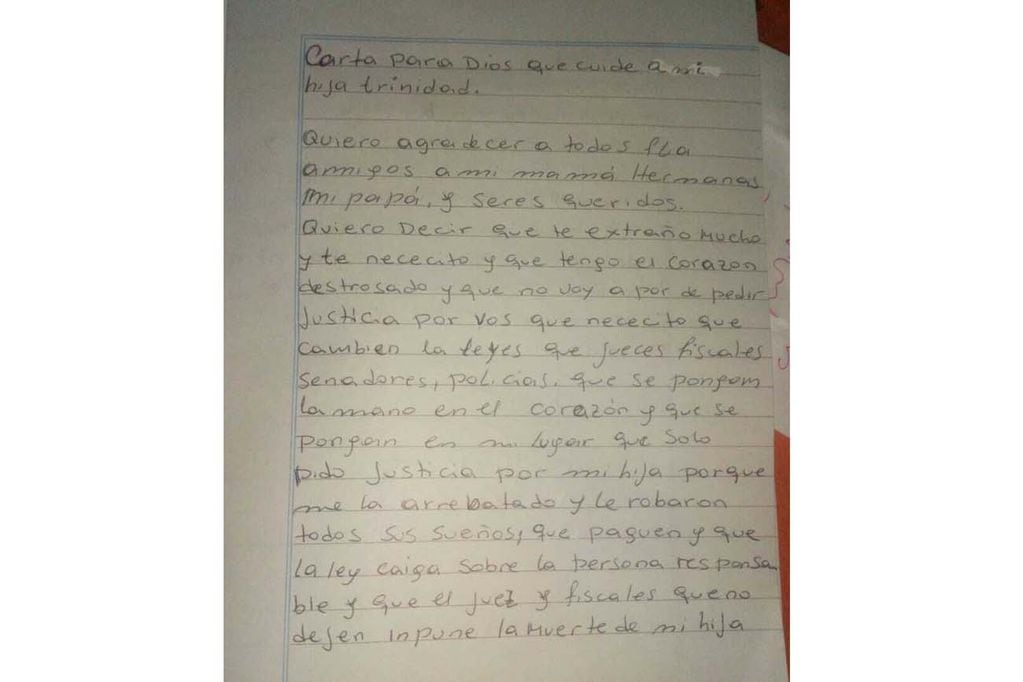 La carta que escribió para Trinidad su mamá, Sofía.  (Gentileza de la familia)