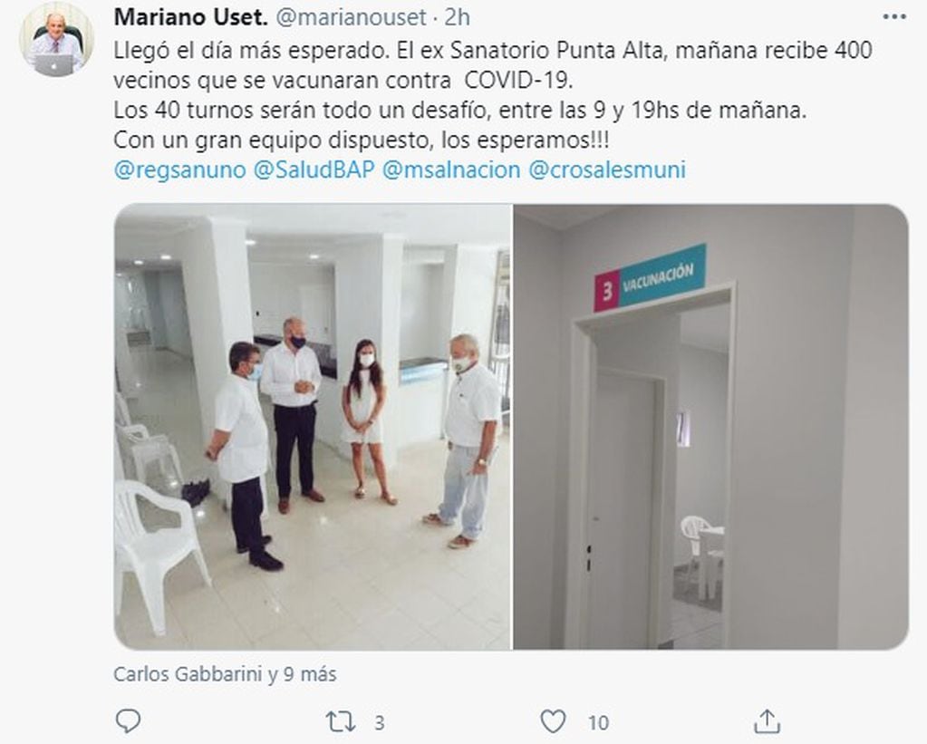 Desde Twitter el intendente Mariano Uset confirmó que 400 rosaleños se vacunarán contra el COVID