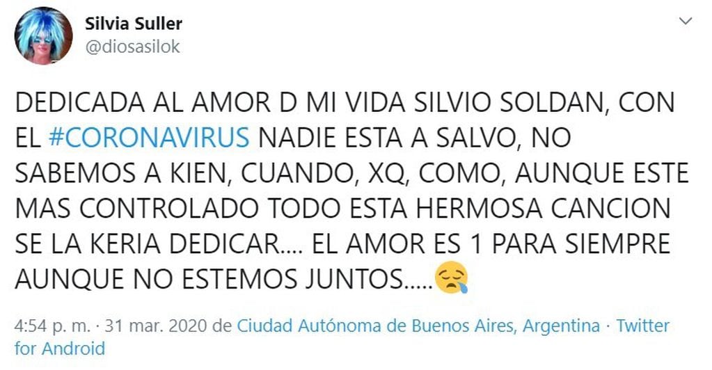 Silvia Suller le dedicó un mensaje de amor a Silvio Soldán durante la Cuarentena (Foto: captura Twitter)