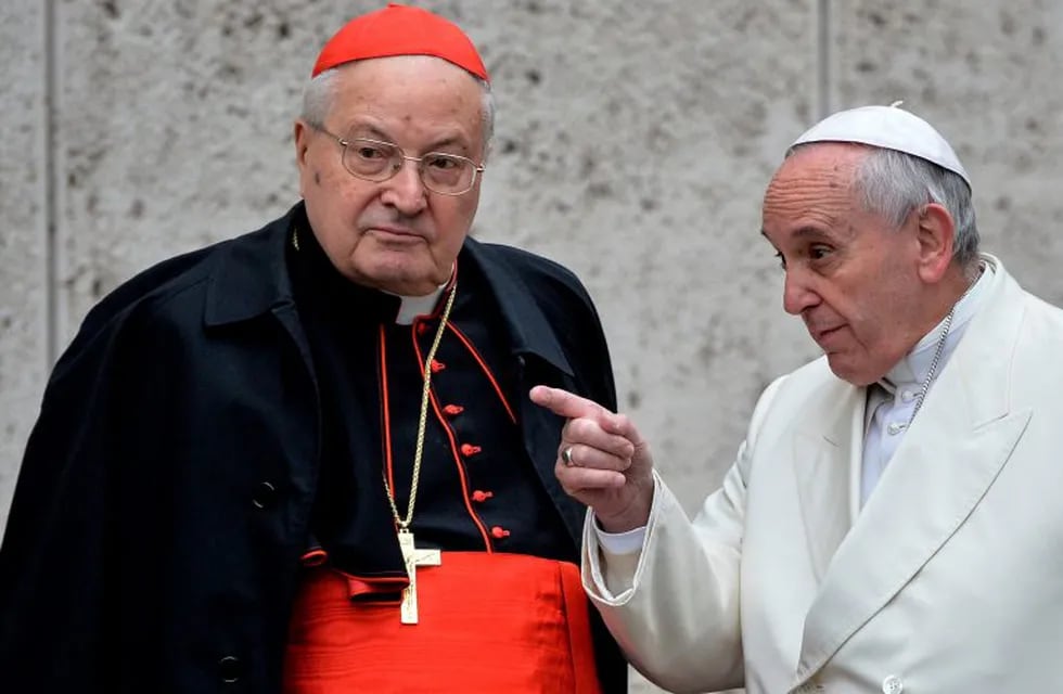 (FILES) In this file photo taken on February 13, 2015 Pope Francis (R) speaks with Italian cardinal Angelo Sodano, as he arrives to take part with cardinals and bishops in the Papal consistory before the nominations of new cardinals, at the Vatican. - Pope Francis on December 21, 2019 has accepted the resignation of the former Secretary of State and Dean of the College of Cardinals, Angelo Sodano, and with a special Motu proprio, established new guidelines for the role of the Dean. (Photo by Andreas SOLARO / AFP)