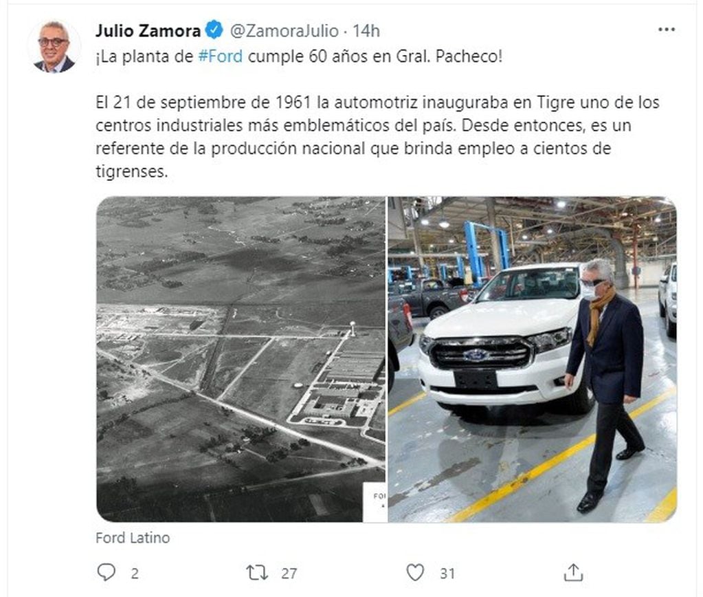 El tuit que publicó Julio Zamora mientras se realizaba el acto en la capital bonaerense.
