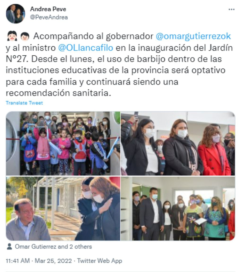 La ministra de Salud de Neuquén anunció en su cuenta de Twitter que el uso de barbijo en las escuelas de Neuquén será optativo.
